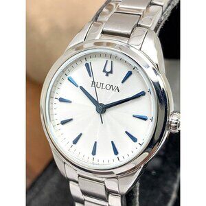 Bulova Women's Watch 96L285 Quartz White Blue Dial Silver Stainless Steel 28mm